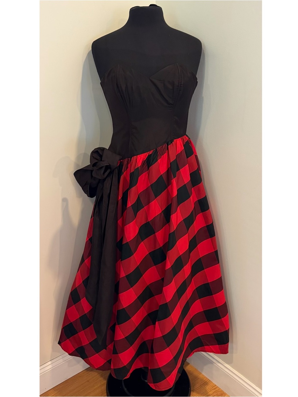 Vintage 80s Gunne Sax Dress Size 5 USA Strapless Buffalo Check Plaid Midi